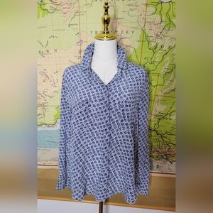Ann Taylor Silk Button Down Blouse Blue And Yellow Daisy Pattern Size L. Preppy